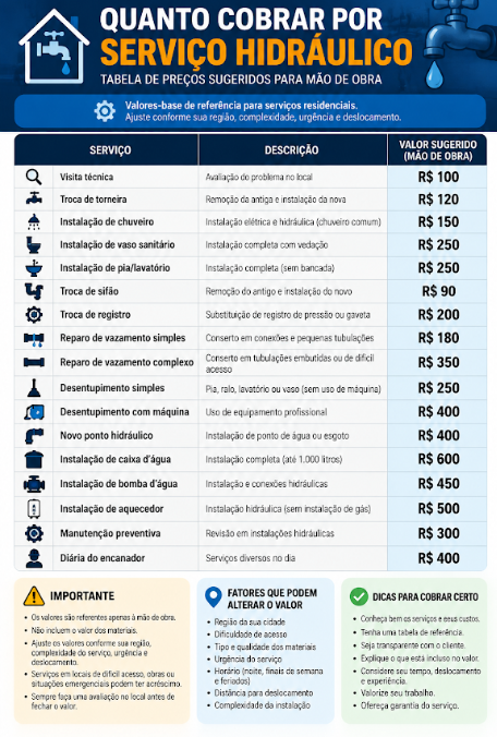 Tabela de preços — quanto cobrar por serviço hidráulico