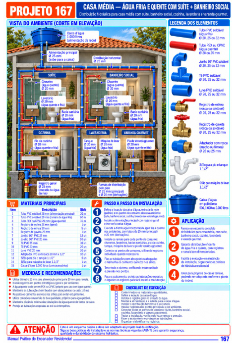 Projeto 167 — Casa média com água fria e quente, suíte e banheiro social